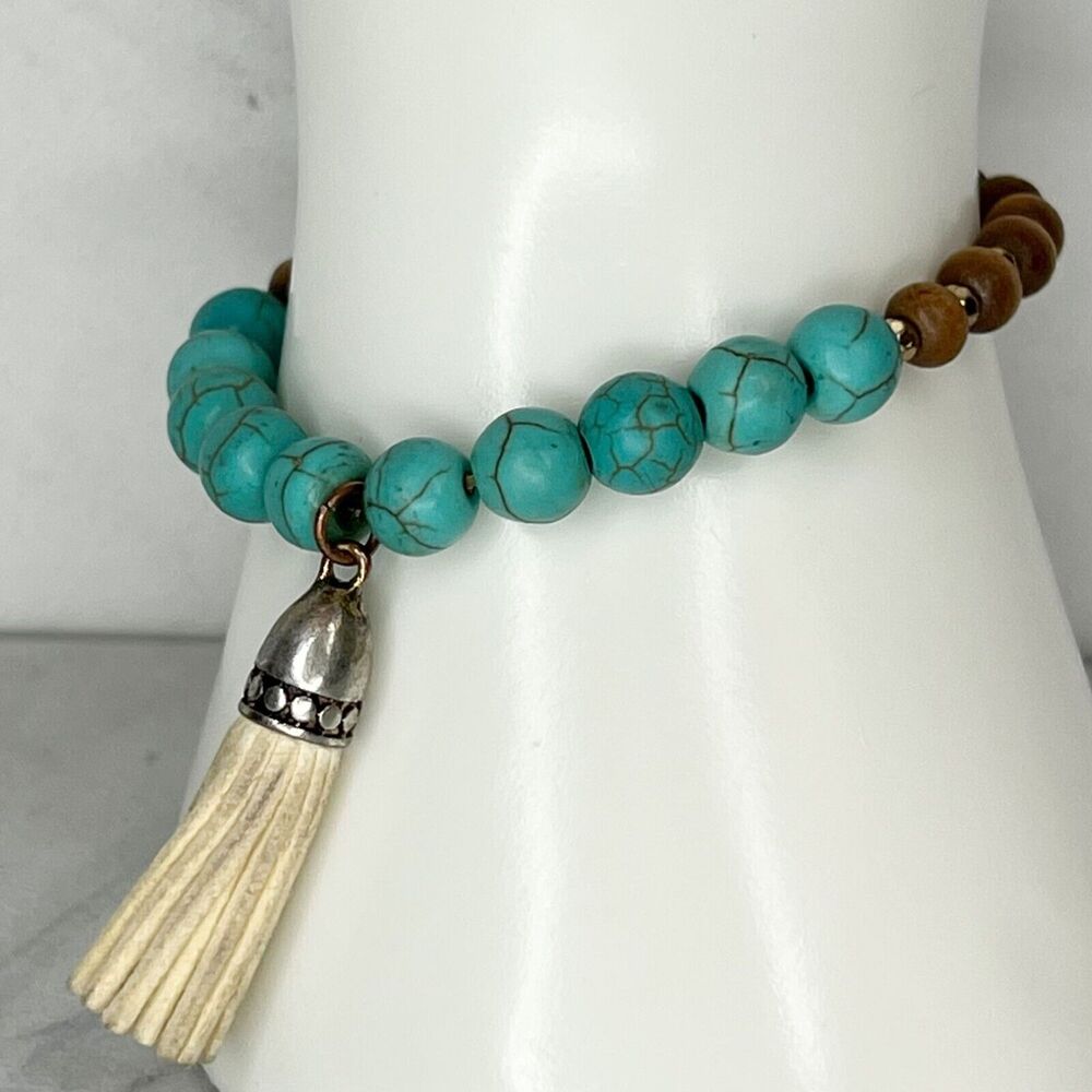 Faux Turquoise and Wood Beaded Stretch Tassel Bracelet